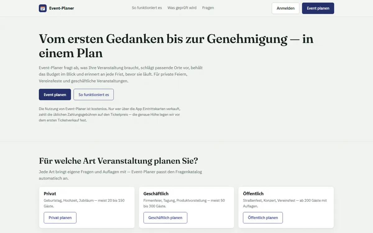 Drei Arten von Veranstaltungen, jede mit eigenem Fragenkatalog.