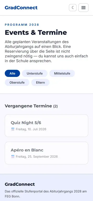 Alle Veranstaltungen des Jahrgangs, auf dem Handy nach Stufe filterbar.