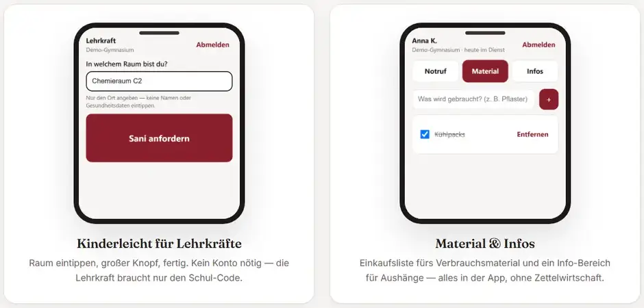 Ansichten für Lehrkräfte: Raum eingeben, Sani anfordern, Material abhaken.